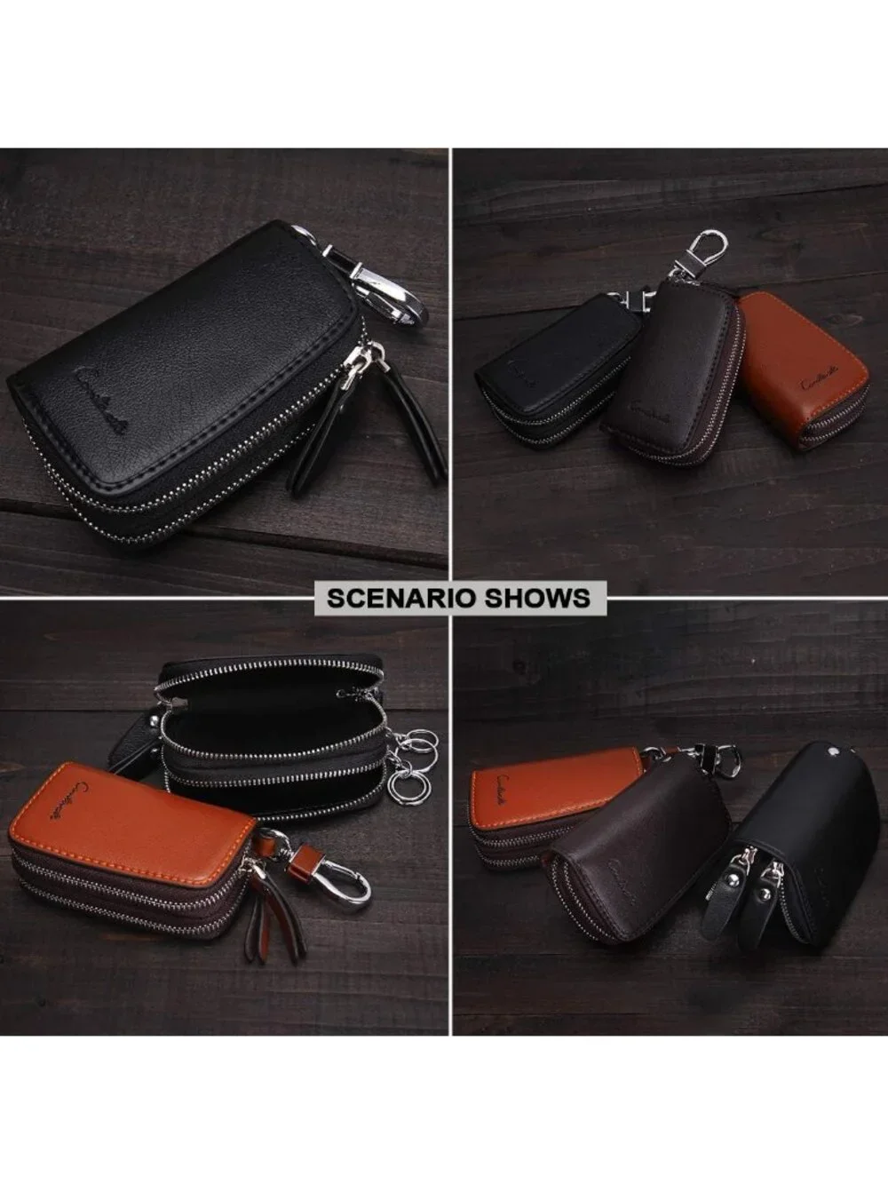 Stylish Small Leather Double Zipper Key Holder Case with 4 Keyrings - Key